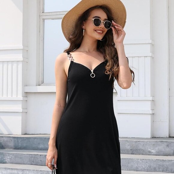 Women's Summer Casual Dress Cotton Blend V Neck Sleeveless With Pockets - Picture 2 of 8